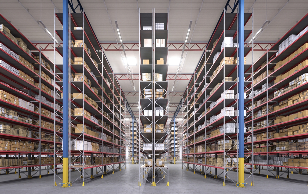 Rows of meta racks in a warehouse
